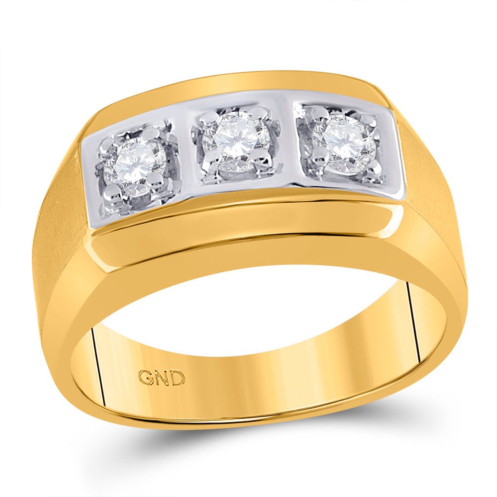 14K Yellow Gold Round Diamond Mens 3 - Stone Fashion Band Ring 1/2 Cttw - Splendid Jewellery
