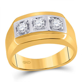 14K Yellow Gold Round Diamond Mens 3 - Stone Fashion Band Ring 1/2 Cttw - Splendid Jewellery