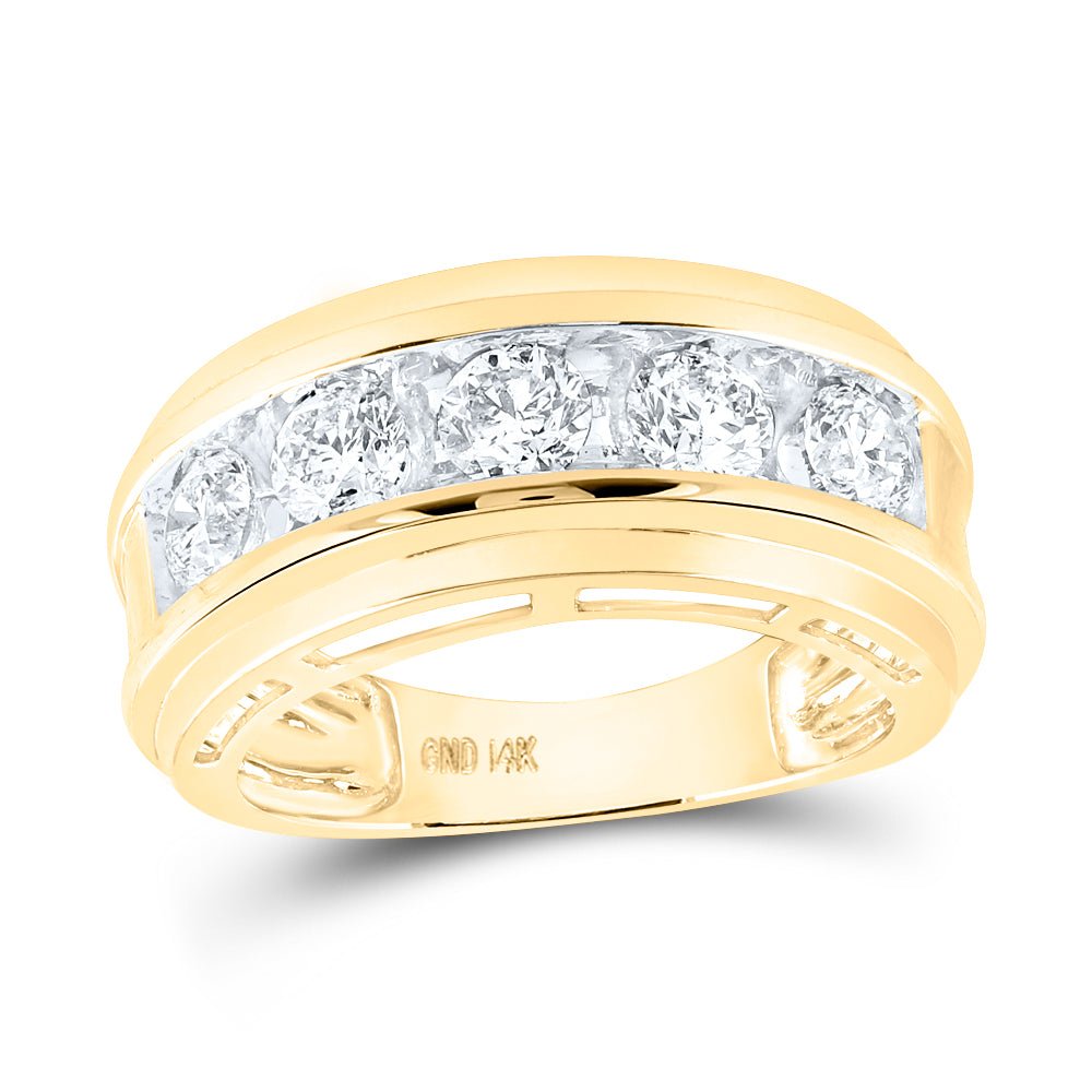 14K Yellow Gold Round Diamond Men's 5 Stone Wedding Band Ring 2 Cttw - Splendid Jewellery