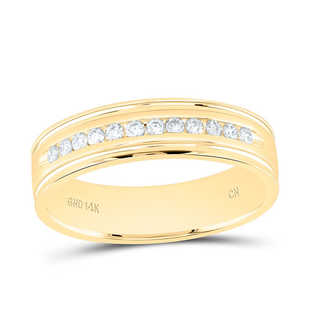 14K Yellow Gold Round Diamond Men's Channel Set Ridged Edge Wedding Band 1/4 Cttw - Splendid Jewellery