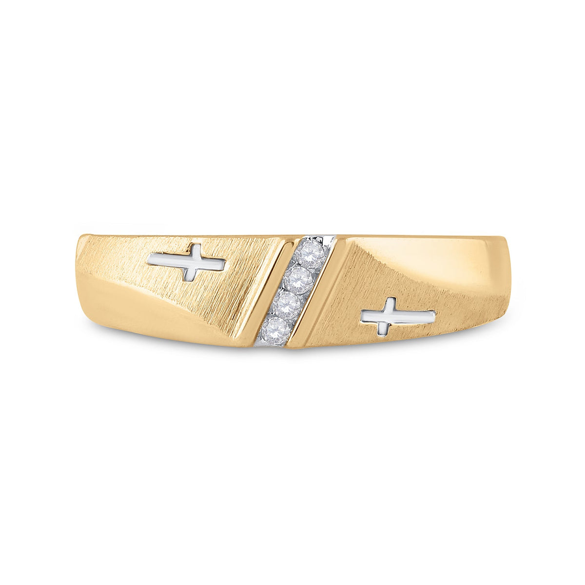14K Yellow Gold Round Diamond Men's Double Cross Wedding Band Ring 1/20 Cttw - Splendid Jewellery