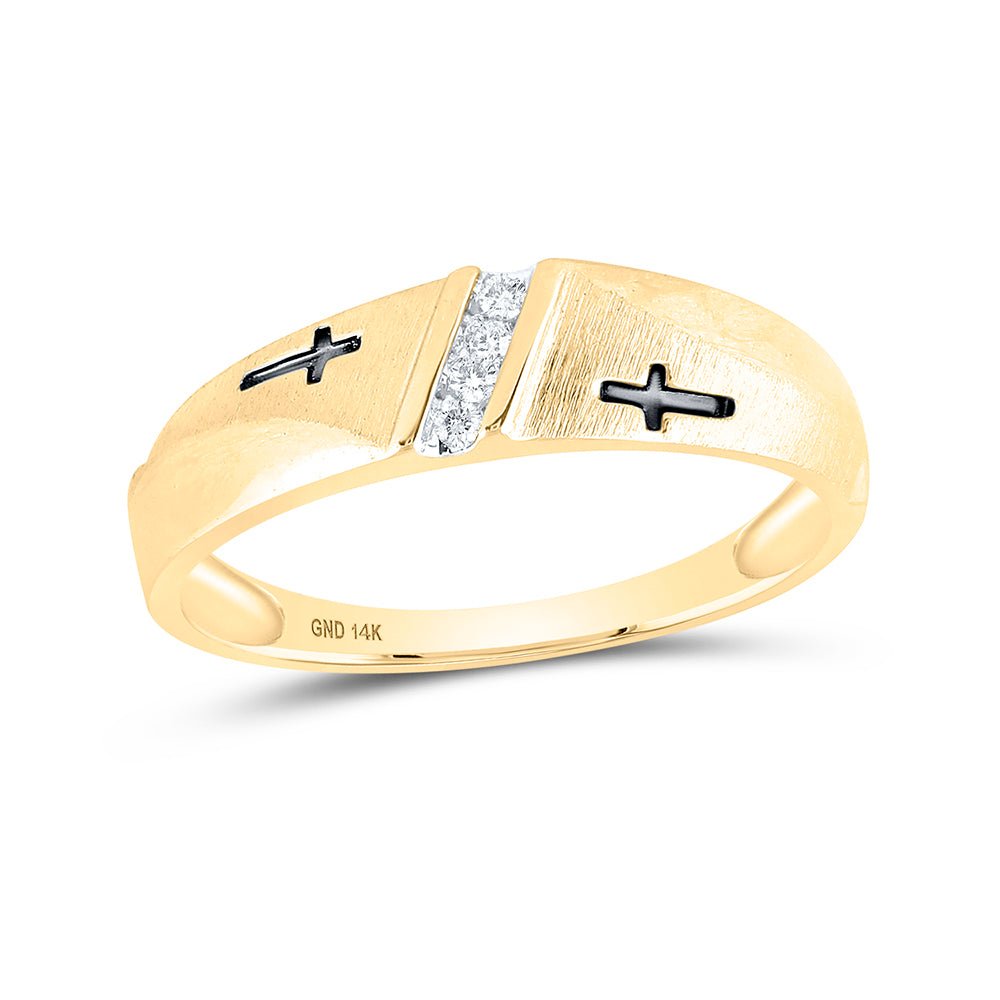 14K Yellow Gold Round Diamond Men's Double Cross Wedding Band Ring 1/20 Cttw - Splendid Jewellery
