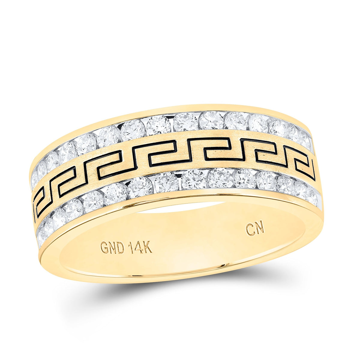 14K Yellow Gold Round Diamond Men's Double Row Grecco Greek Key Wedding Band 1 Cttw - Splendid Jewellery