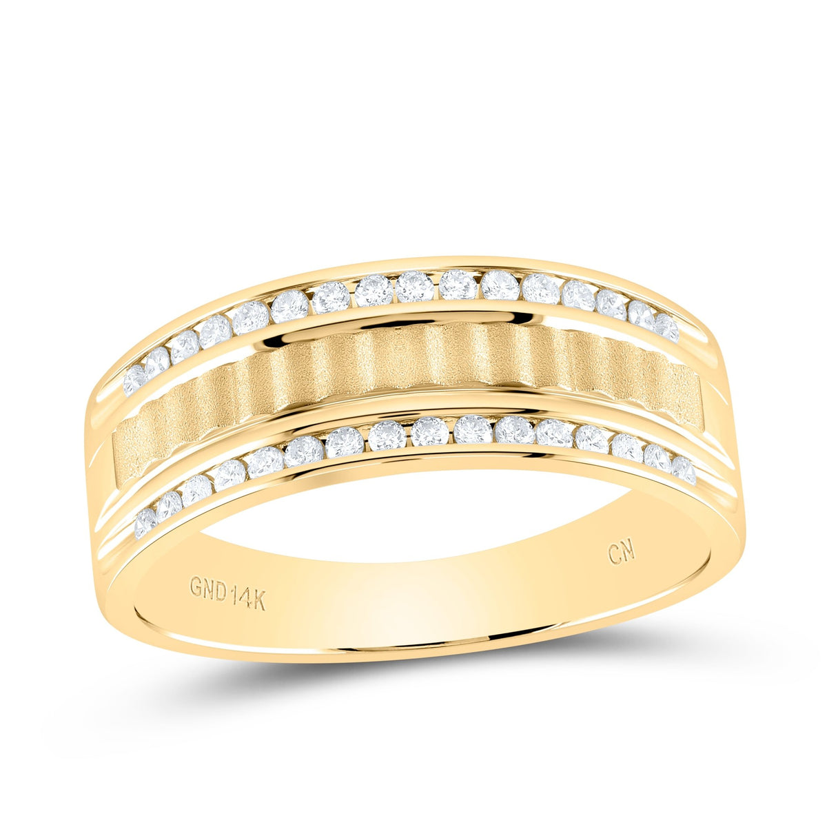 14K Yellow Gold Round Diamond Men's Double Row Matte Textured Wedding Band Ring 1/3 Cttw - Splendid Jewellery