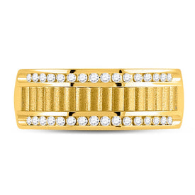 14K Yellow Gold Round Diamond Men's Double Row Matte Textured Wedding Band Ring 1/3 Cttw - Splendid Jewellery