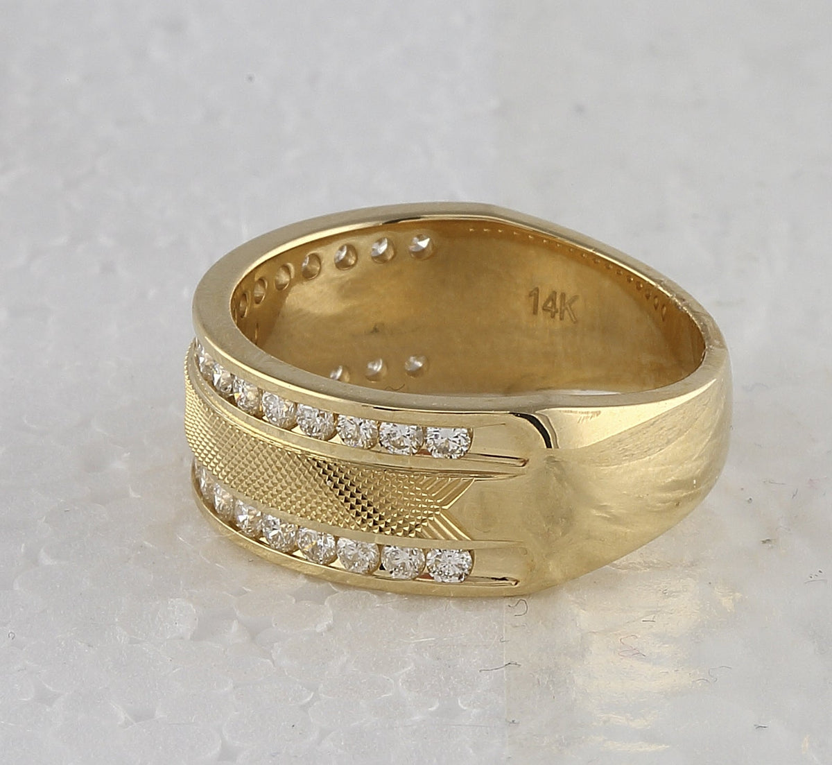 14K Yellow Gold Round Diamond Men's Double Row Textured Wedding Band Ring 1 Cttw - Splendid Jewellery