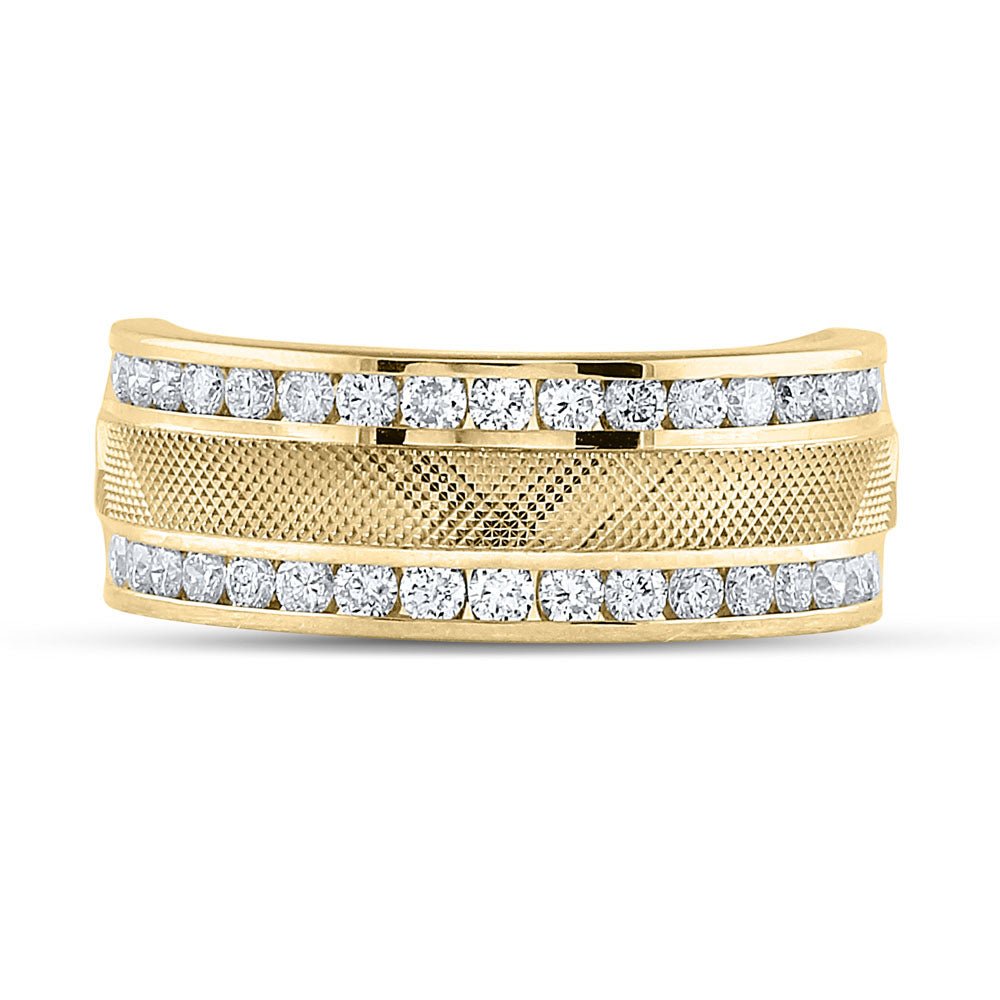14K Yellow Gold Round Diamond Men's Double Row Textured Wedding Band Ring 1 Cttw - Splendid Jewellery