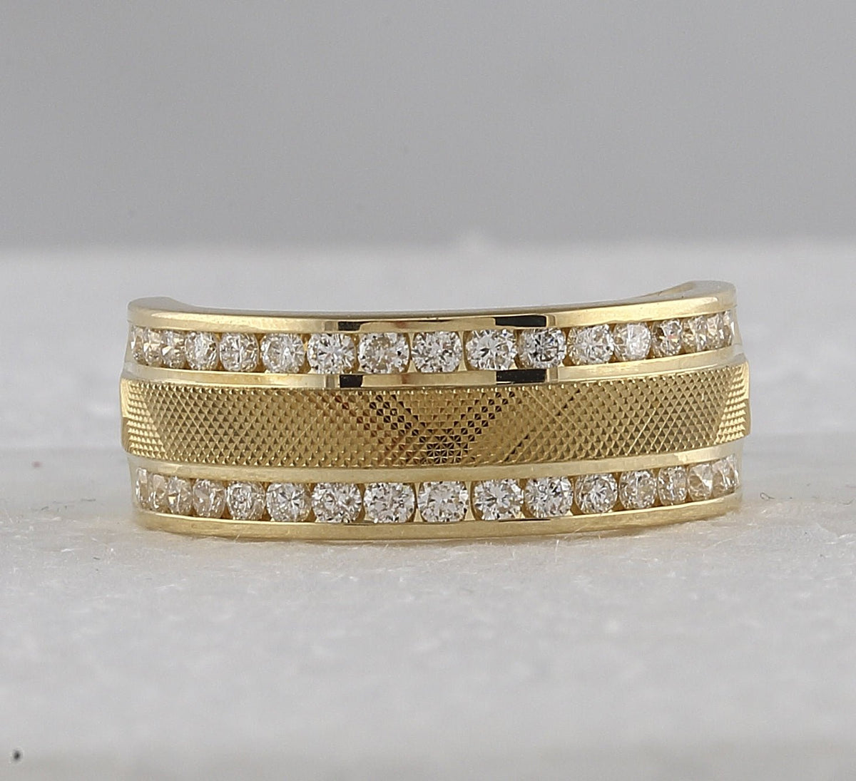 14K Yellow Gold Round Diamond Men's Double Row Textured Wedding Band Ring 1 Cttw - Splendid Jewellery