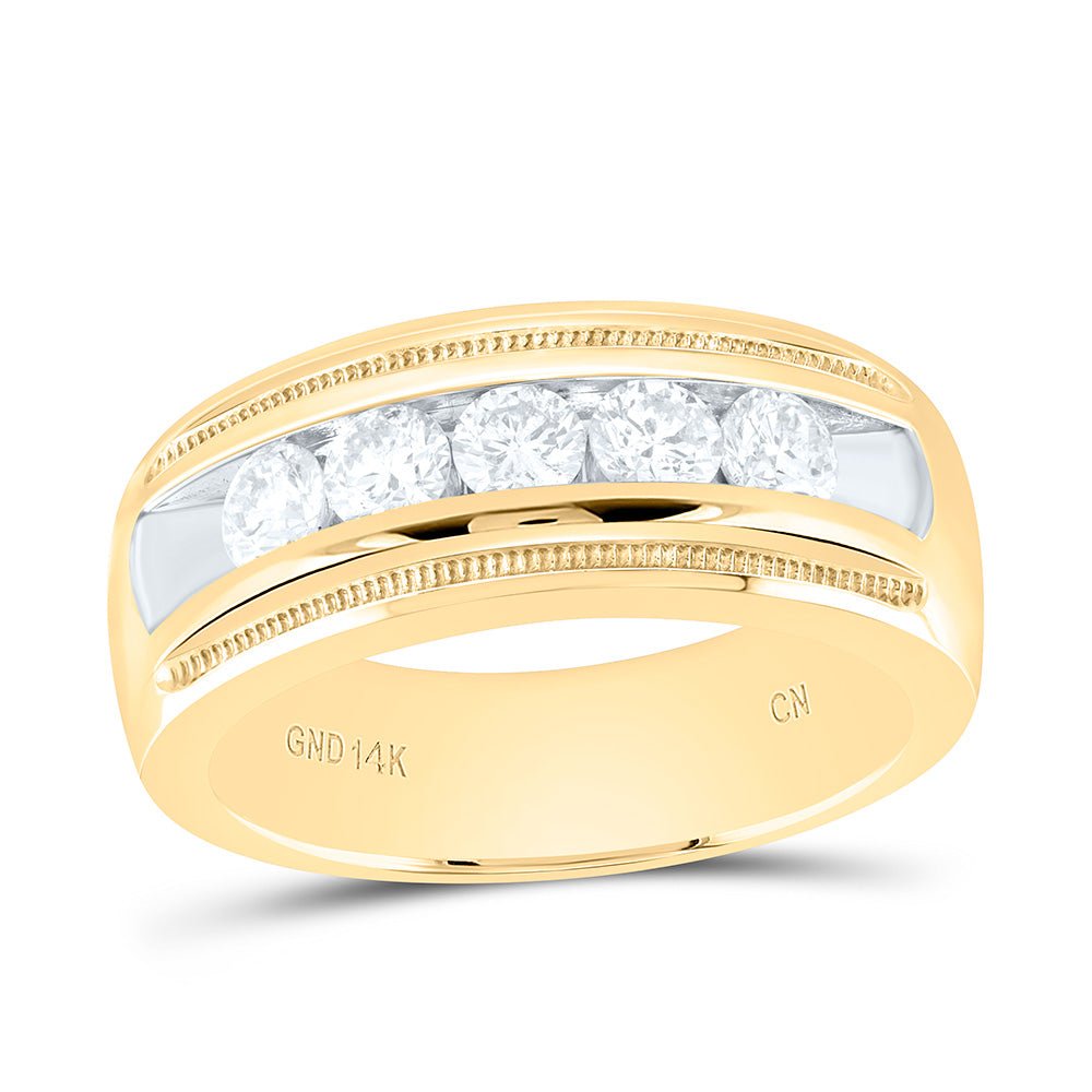 14K Yellow Gold Round Diamond Men's Single Row Textured Wedding Band Ring 1 Cttw - Splendid Jewellery