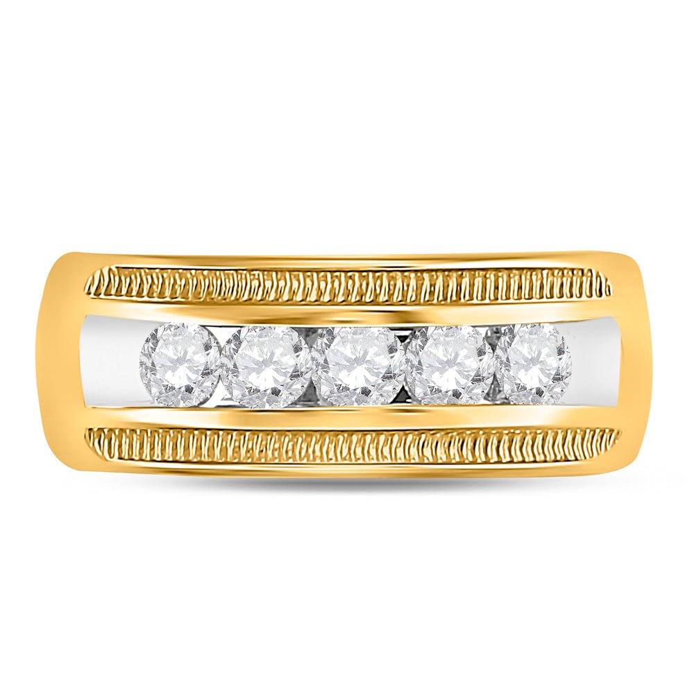 14K Yellow Gold Round Diamond Men's Single Row Textured Wedding Band Ring 1 Cttw - Splendid Jewellery