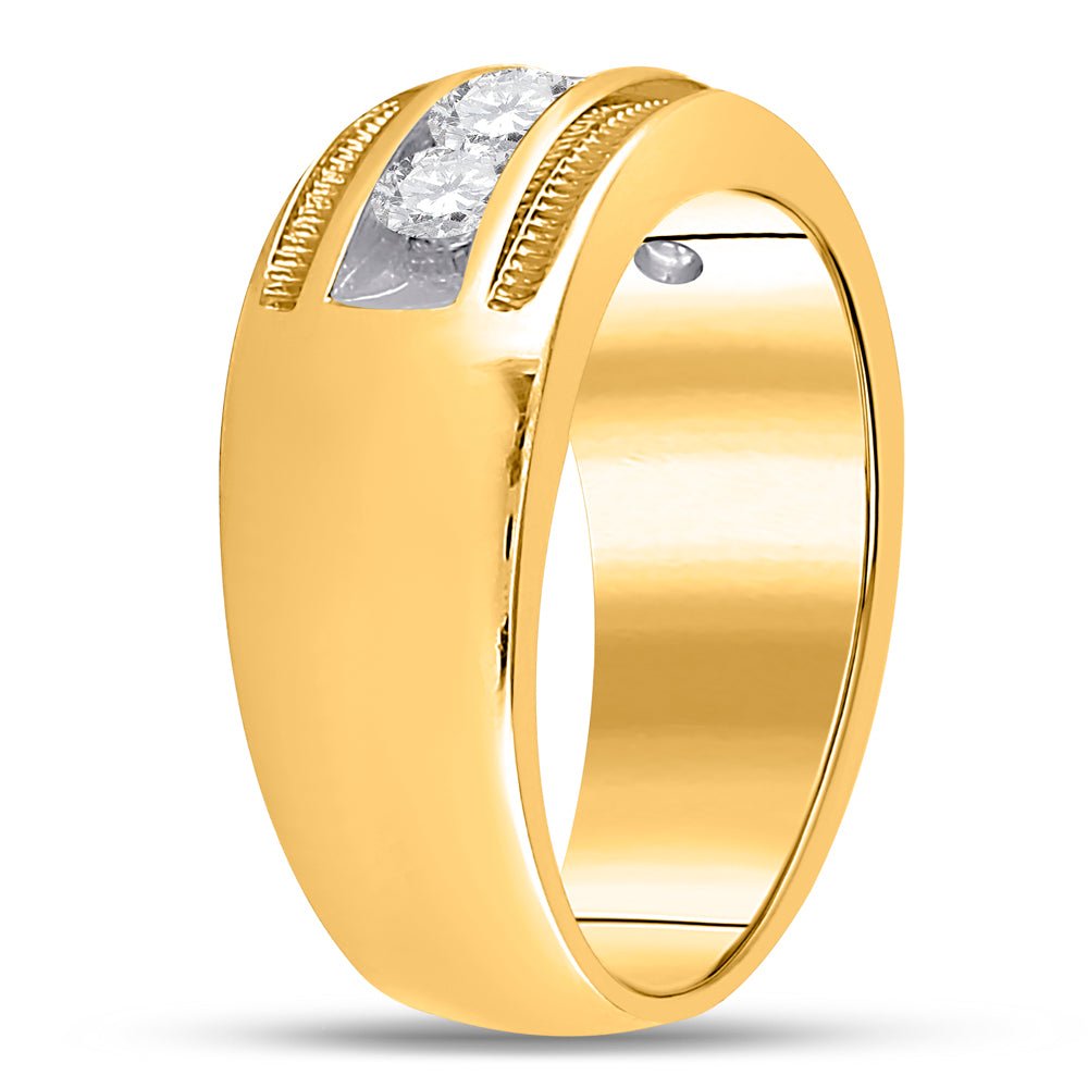 14K Yellow Gold Round Diamond Men's Single Row Textured Wedding Band Ring 1 Cttw - Splendid Jewellery