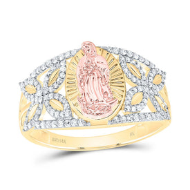 14k Yellow Rose Diamond Fashion Virgin Mother Mary Oval Women's Ring 1/3 Cttw - Splendid Jewellery