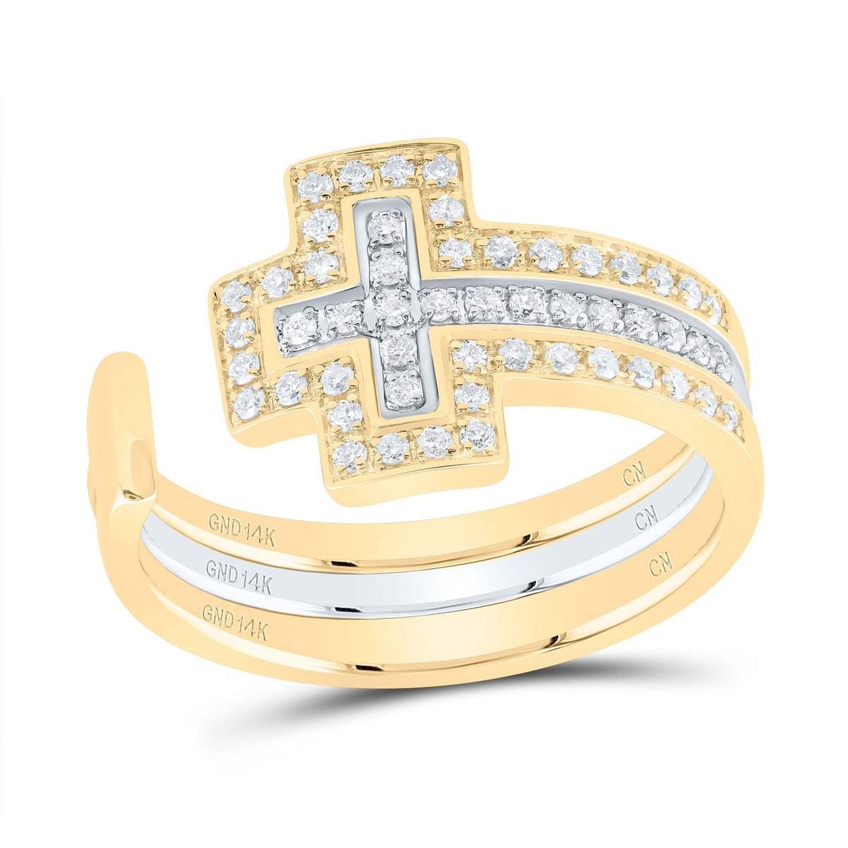 14K Yellow White Diamond Gift Cross Ring 1/4 Cttw - Splendid Jewellery