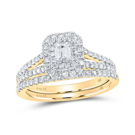 14kt Golden Splendor Emerald Diamond Halo Bridal Wedding Ring Band Set - Splendid Jewellery