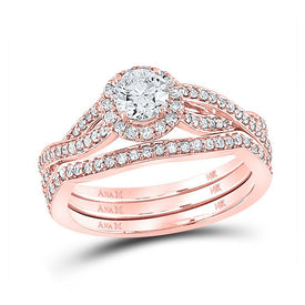 14kt Rose Gold Diamond Halo Wedding Ring Band Set - Timeless Elegance and Unmatched Sparkle - Splendid Jewellery