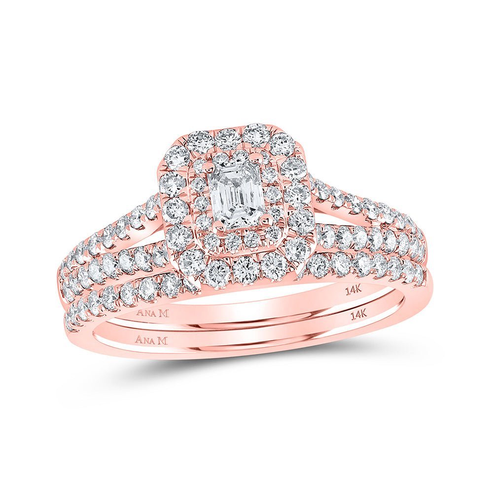 14kt Rose Gold Emerald Diamond Halo Bridal Wedding Ring Band Set - Eternal Elegance - Splendid Jewellery