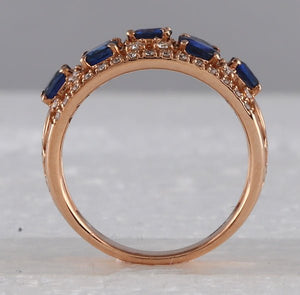 14kt Rose Gold Oval Blue Sapphire Diamond Band Ring - Exquisite Elegance - Splendid Jewellery