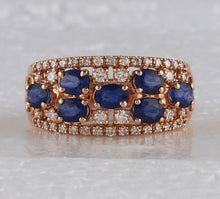 Load image into Gallery viewer, 14kt Rose Gold Oval Blue Sapphire Diamond Band Ring - Exquisite Elegance - Front View