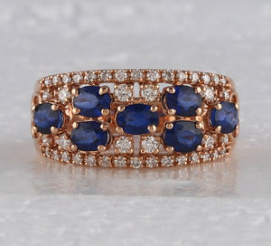 14kt Rose Gold Oval Blue Sapphire Diamond Band Ring - Exquisite Elegance - Splendid Jewellery