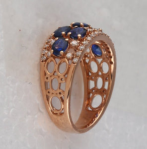 14kt Rose Gold Oval Blue Sapphire Diamond Band Ring - Exquisite Elegance - Splendid Jewellery