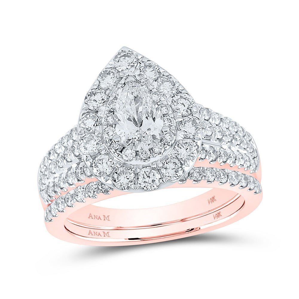 14kt Rose Gold Pear Diamond Halo Bridal Wedding Ring Band Set with Blue Sapphire Accent - Splendid Elegance - Splendid Jewellery