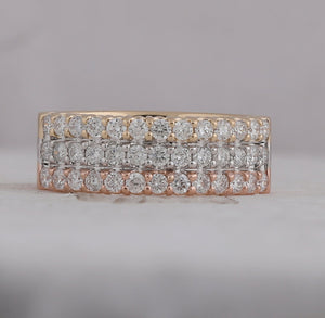 14kt Tri - Tone Gold Triple Row Diamond Band Ring - Splendid Jewellery