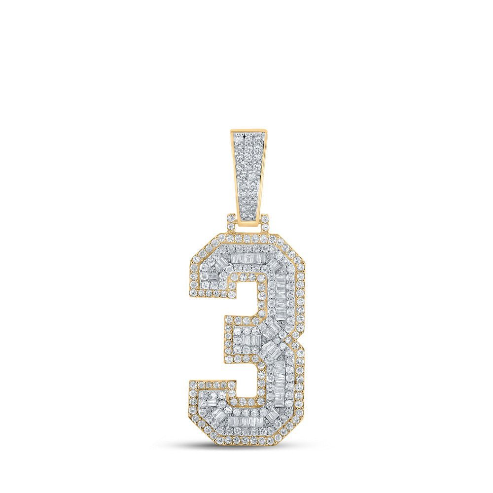 14kt Two - tone Gold Baguette Diamond Number 3 Charm Pendant for Men - 1 - 1/2 Cttw - Splendid Jewellery