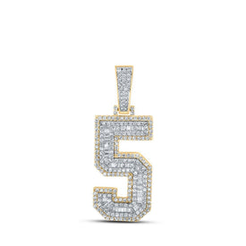 14kt Two - tone Gold Baguette Diamond Number 5 Charm Pendant for Men - 1 - 5/8 Cttw - Splendid Jewellery