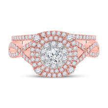 Load image into Gallery viewer, 14kt Two-tone Gold Diamond Halo Bridal Wedding Ring Set - Elegance in Harmony - Front View