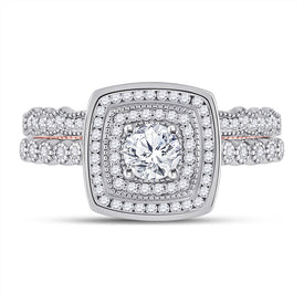 14kt Two-tone Gold Diamond Halo Bridal Wedding Ring Set - Splendid Elegance - Front View