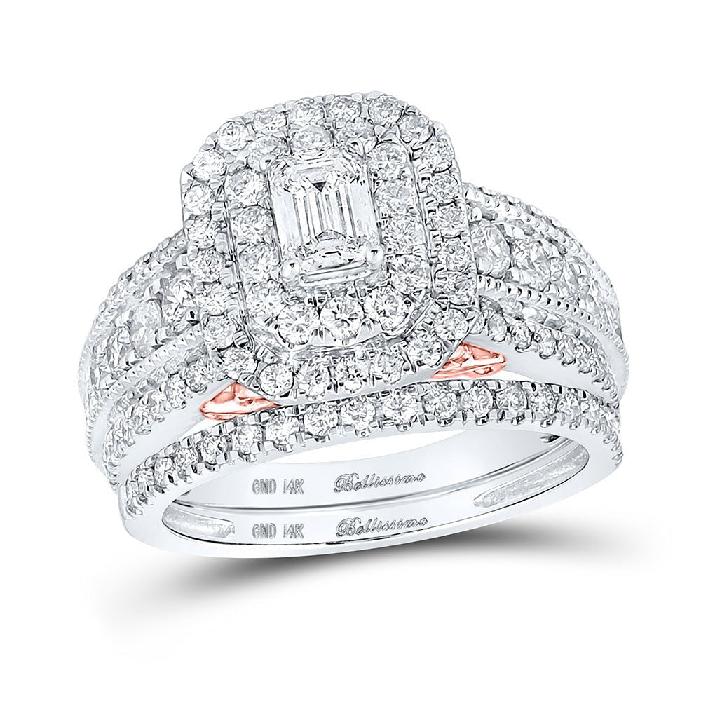 14kt Two - tone Gold Emerald Diamond Halo Bridal Wedding Ring Band Set - The Enchanting Love Story - Splendid Jewellery