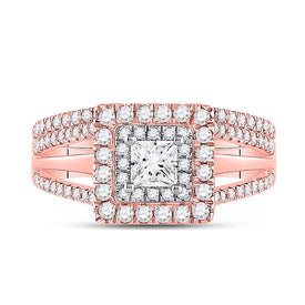 14kt Two-tone Gold Princess Diamond Bridal Wedding Ring Band Set - Front View