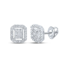 14kt White Gold Baguette and Round Diamond Cluster Earrings for Men - 1/4 Cttw - Splendid Jewellery