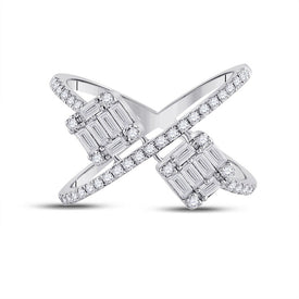 14kt White Gold Baguette and Round Diamond Negative Space Fashion Ring - Front View