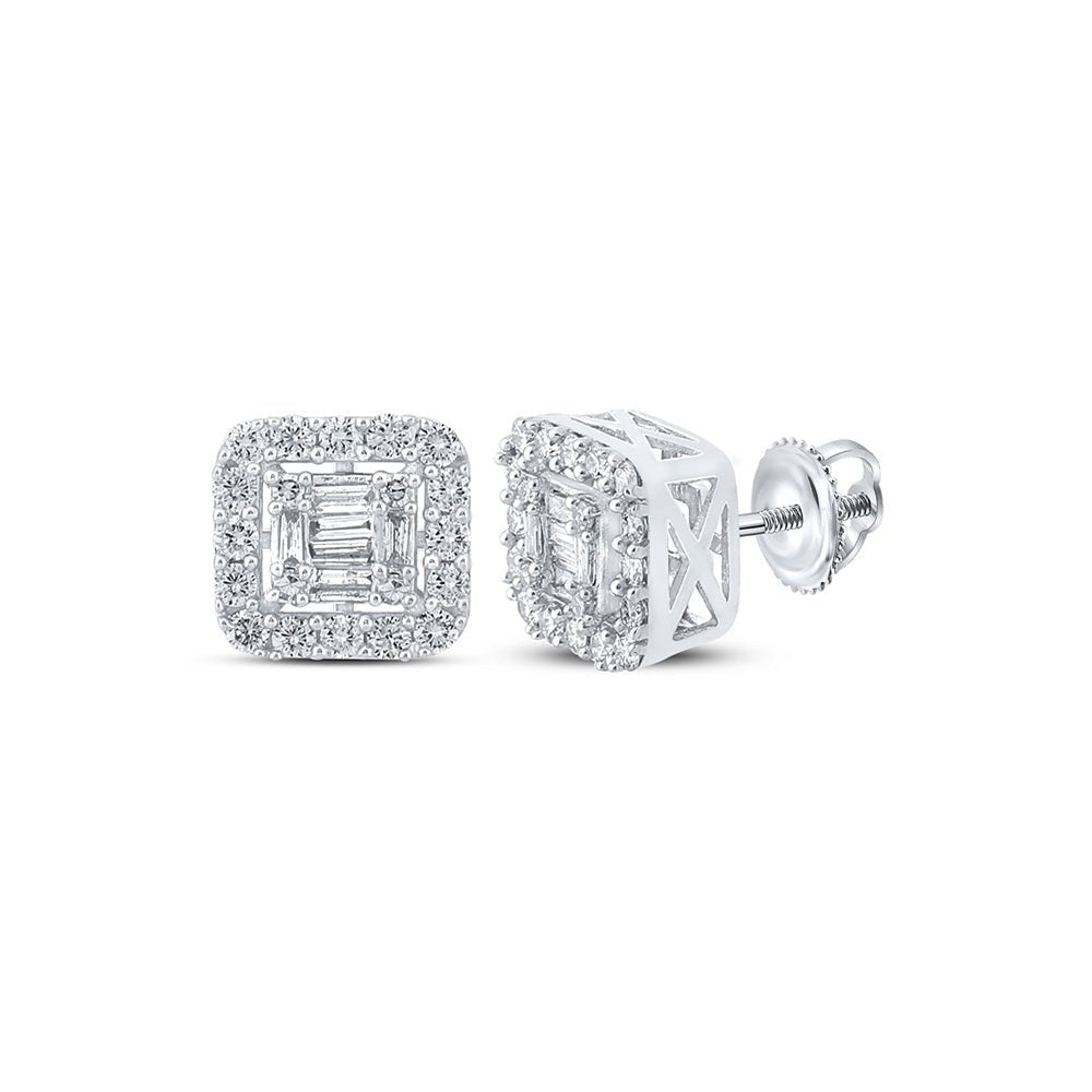 14kt White Gold Baguette and Round Diamond Square Earrings - 5/8 Cttw - Splendid Jewellery