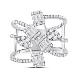 14kt White Gold Baguette Diamond Cluster Strand Fashion Ring: A Mesmerizing Masterpiece - Front View