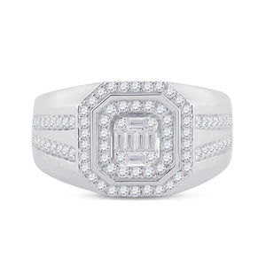 14kt White Gold Baguette Diamond Octagon Cluster Men's Ring - 3/4 Cttw - Splendid Jewellery