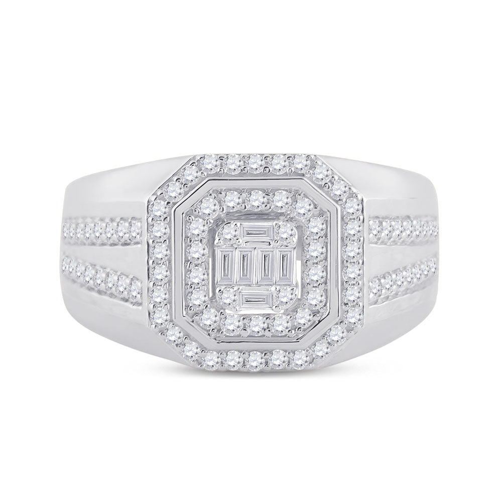 14kt White Gold Baguette Diamond Octagon Cluster Men's Ring - 3/4 Cttw - Splendid Jewellery