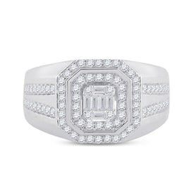 14kt White Gold Baguette Diamond Octagon Cluster Men's Ring - 3/4 Cttw - Splendid Jewellery