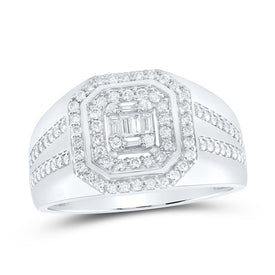 14kt White Gold Baguette Diamond Octagon Cluster Men's Ring - 3/4 Cttw - Top View