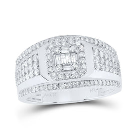 14kt White Gold Baguette Diamond Square Cluster Men's Ring - 1 Cttw - Top View