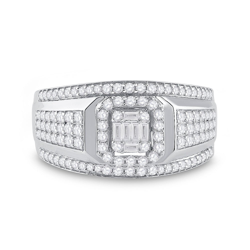 14kt White Gold Baguette Diamond Square Cluster Men's Ring - 1 Cttw - Splendid Jewellery