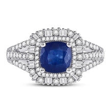 Load image into Gallery viewer, 14kt White Gold Cushion Blue Sapphire Diamond Halo Fashion Ring - Front View