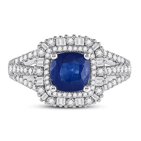 14kt White Gold Cushion Blue Sapphire Diamond Halo Fashion Ring - Front View