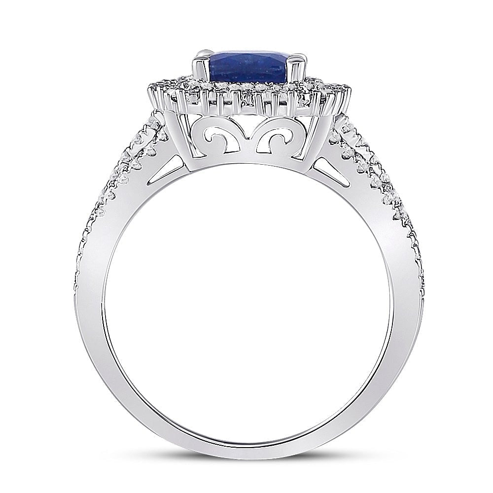 14kt White Gold Cushion Blue Sapphire Diamond Halo Fashion Ring - Splendid Jewellery