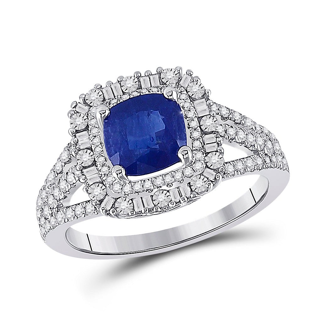 14kt White Gold Cushion Blue Sapphire Diamond Halo Fashion Ring - Splendid Jewellery