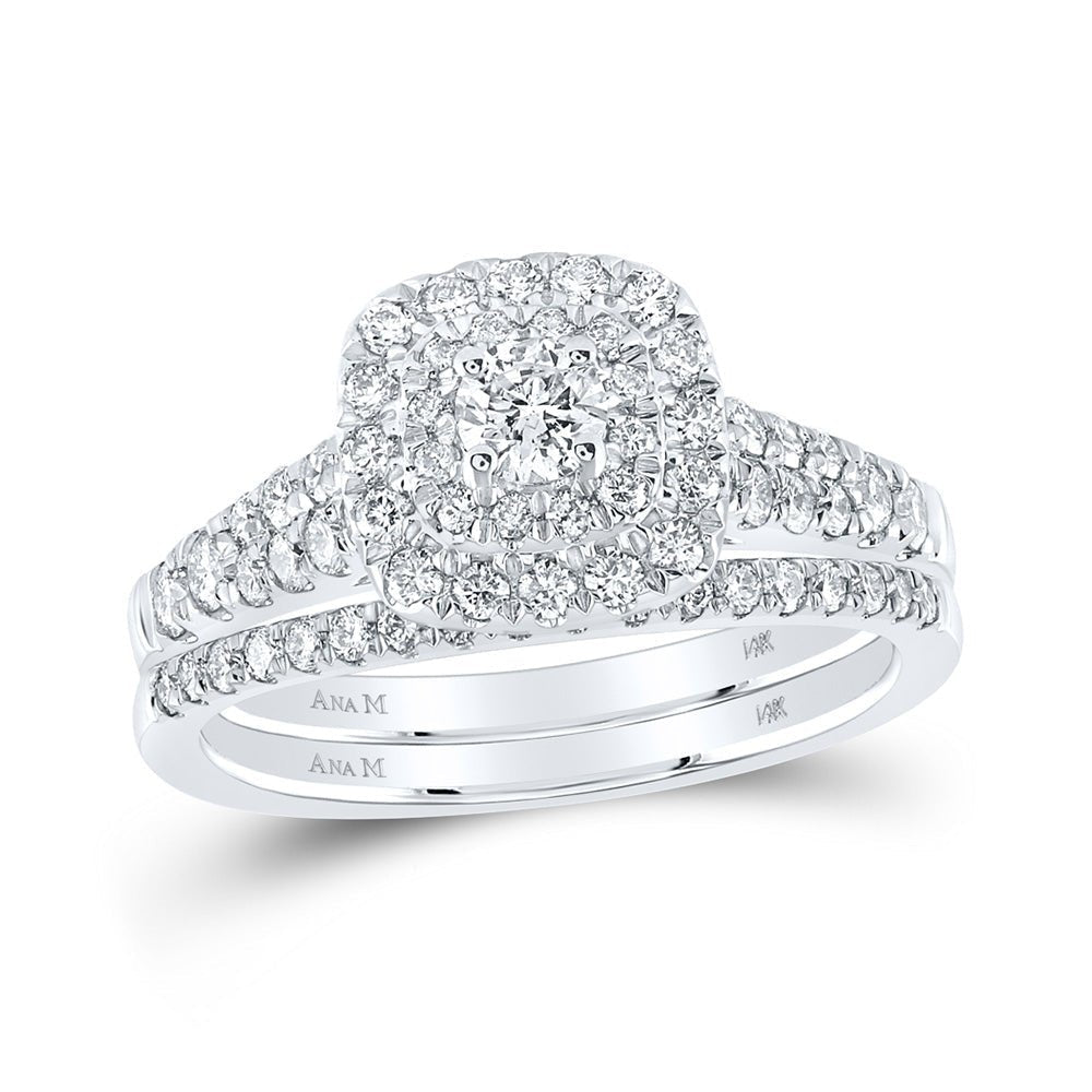 14kt White Gold Diamond Halo Bridal Wedding Ring Band Set - Splendid Jewellery