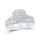 14kt White Gold Diamond Halo Bridal Wedding Ring Band Set - Splendid Jewellery