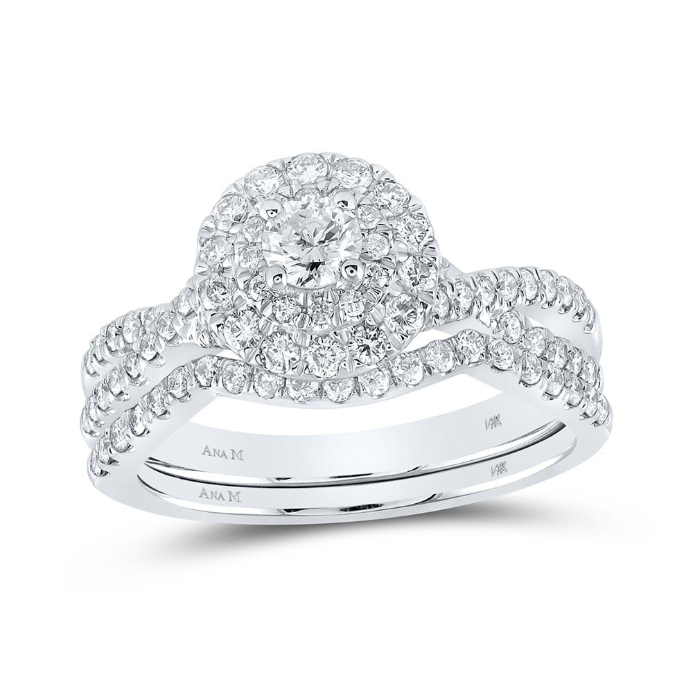 14kt White Gold Diamond Halo Sapphire Bridal Wedding Ring Set - Splendid Jewellery
