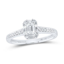 Load image into Gallery viewer, 14kt White Gold Emerald Diamond Halo Bridal Wedding Engagement Ring - Eternal Elegance - Top View